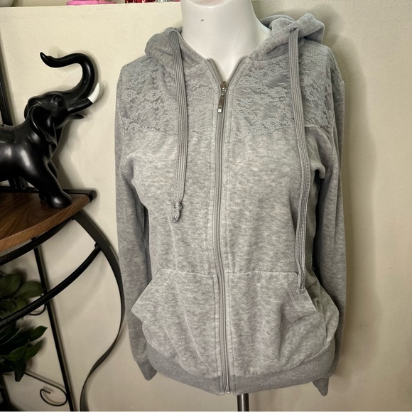 Gray Women’s Lace Zip-Up Hoodie Sweater - Picture 2 of 5